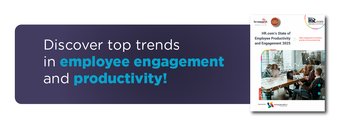 Navy banner image with a photo of the research report reads: Discover top trends in employee engagement and productivity!