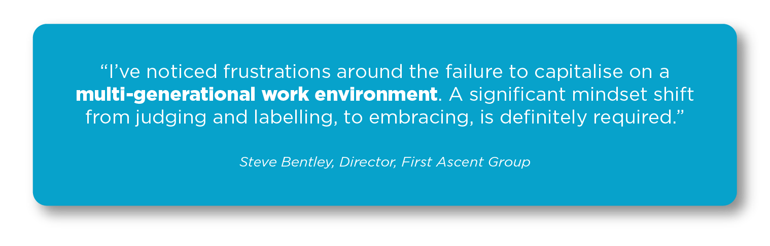 Quote on multigenerational workplaces from Steve Bentley, Director, First Ascent